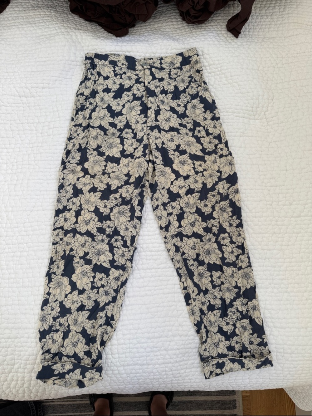 acacia swimwear Navy and Cream Floral High-Rise Pants